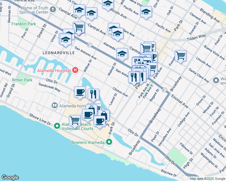 map of restaurants, bars, coffee shops, grocery stores, and more near 2236 Clinton Avenue in Alameda