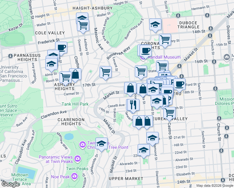 map of restaurants, bars, coffee shops, grocery stores, and more near 3041 Market Street in San Francisco