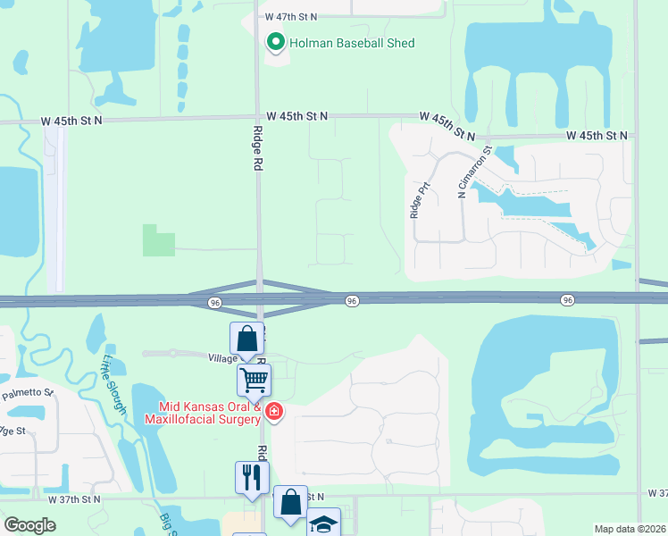 map of restaurants, bars, coffee shops, grocery stores, and more near Kansas 96 in Wichita
