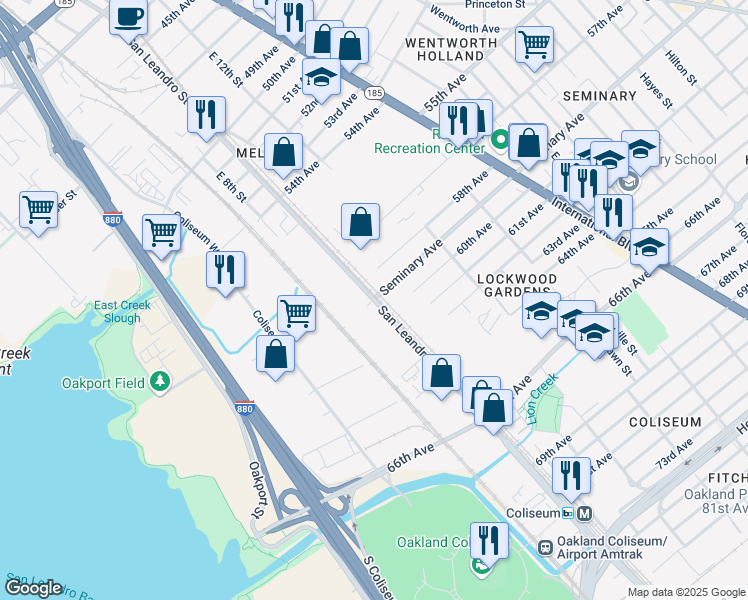 map of restaurants, bars, coffee shops, grocery stores, and more near 5900 San Leandro Street in Oakland