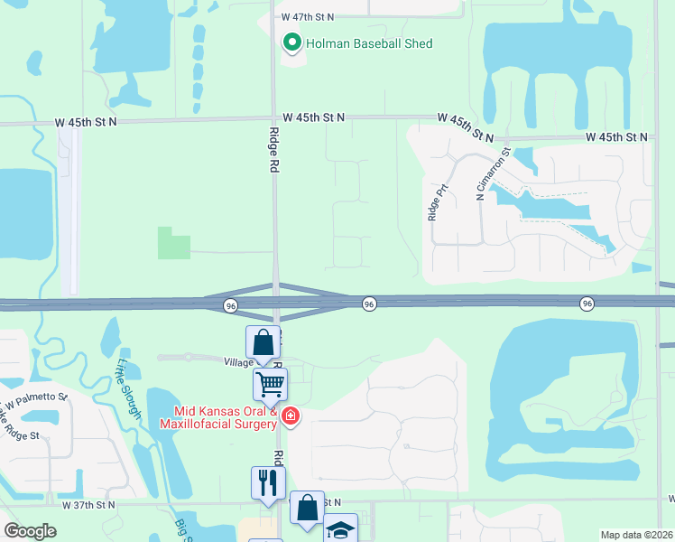 map of restaurants, bars, coffee shops, grocery stores, and more near Kansas 96 in Wichita