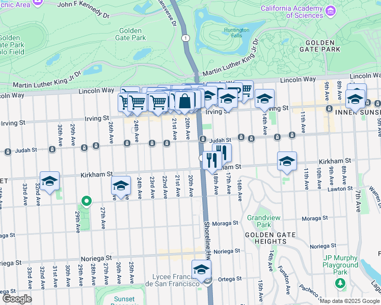 map of restaurants, bars, coffee shops, grocery stores, and more near 1436 20th Avenue in San Francisco