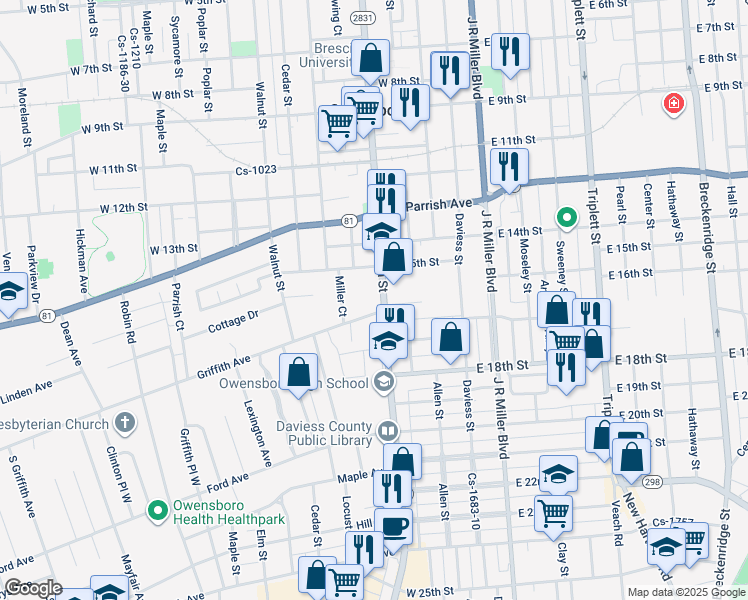 map of restaurants, bars, coffee shops, grocery stores, and more near 1548 Frederica St in Owensboro