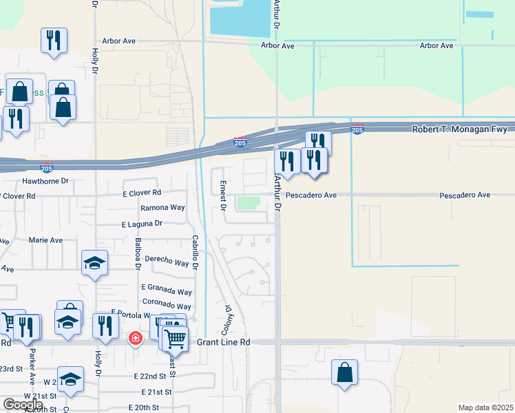 map of restaurants, bars, coffee shops, grocery stores, and more near 613 Carol Louise Lane in Tracy