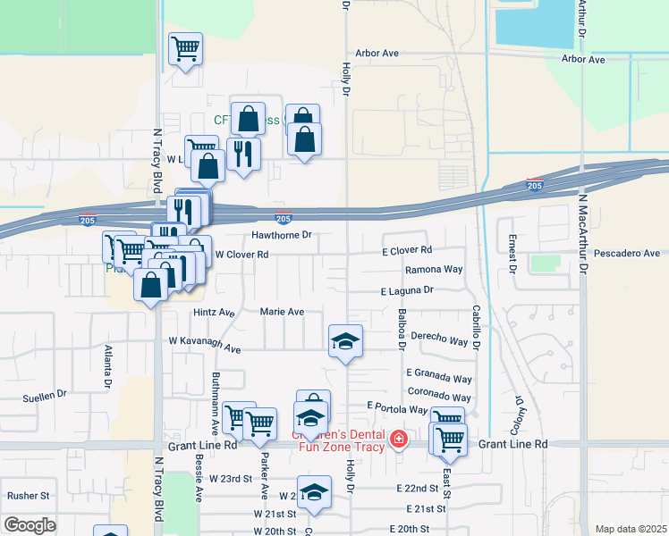 map of restaurants, bars, coffee shops, grocery stores, and more near 3355 Holly Drive in Tracy