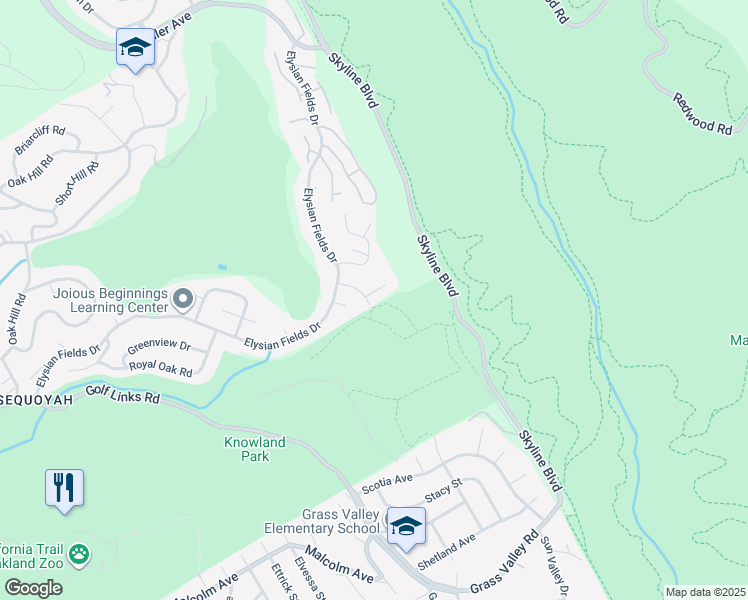 map of restaurants, bars, coffee shops, grocery stores, and more near 10535 Pebble Beach Drive in Oakland