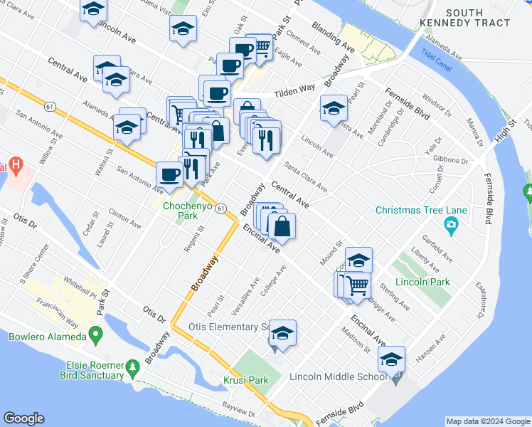 map of restaurants, bars, coffee shops, grocery stores, and more near 1336 Broadway in Alameda