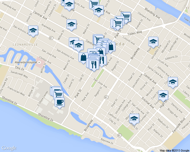 map of restaurants, bars, coffee shops, grocery stores, and more near 2430 Encinal Avenue in Alameda