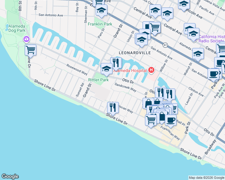 map of restaurants, bars, coffee shops, grocery stores, and more near 1913 Kitty Hawk Place in Alameda