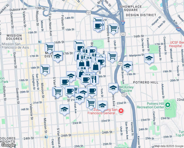 map of restaurants, bars, coffee shops, grocery stores, and more near 2070 Bryant Street in San Francisco