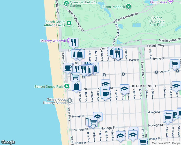map of restaurants, bars, coffee shops, grocery stores, and more near 1375 45th Avenue in San Francisco