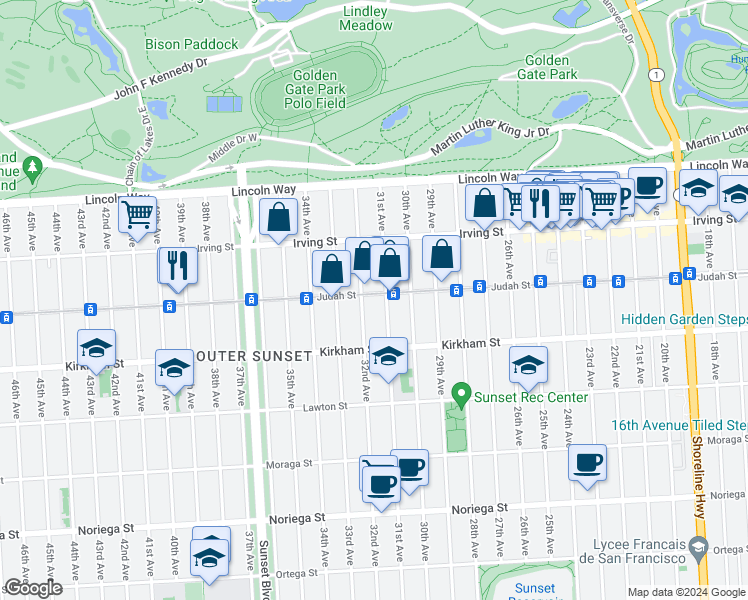 map of restaurants, bars, coffee shops, grocery stores, and more near 2625 Judah Street in San Francisco