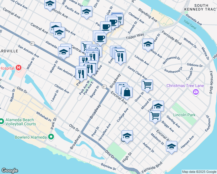 map of restaurants, bars, coffee shops, grocery stores, and more near 1307 Broadway in Alameda