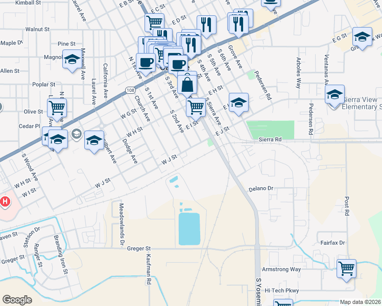 map of restaurants, bars, coffee shops, grocery stores, and more near 131 East J Street in Oakdale