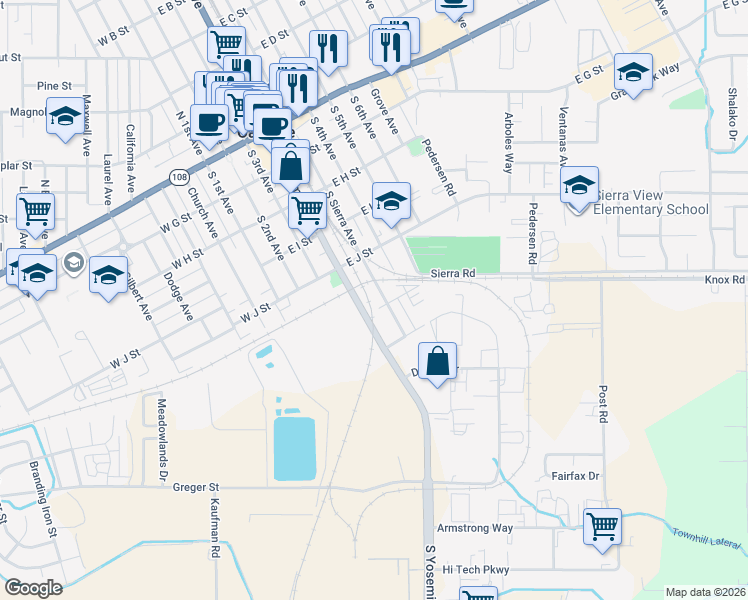 map of restaurants, bars, coffee shops, grocery stores, and more near 586 South Sierra Avenue in Oakdale