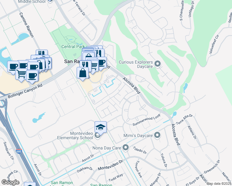 map of restaurants, bars, coffee shops, grocery stores, and more near 962 Springview Circle in San Ramon