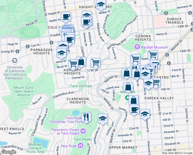 map of restaurants, bars, coffee shops, grocery stores, and more near 71 Uranus Terrace in San Francisco