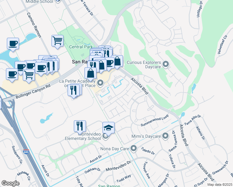 map of restaurants, bars, coffee shops, grocery stores, and more near 275 Reflections Drive in San Ramon