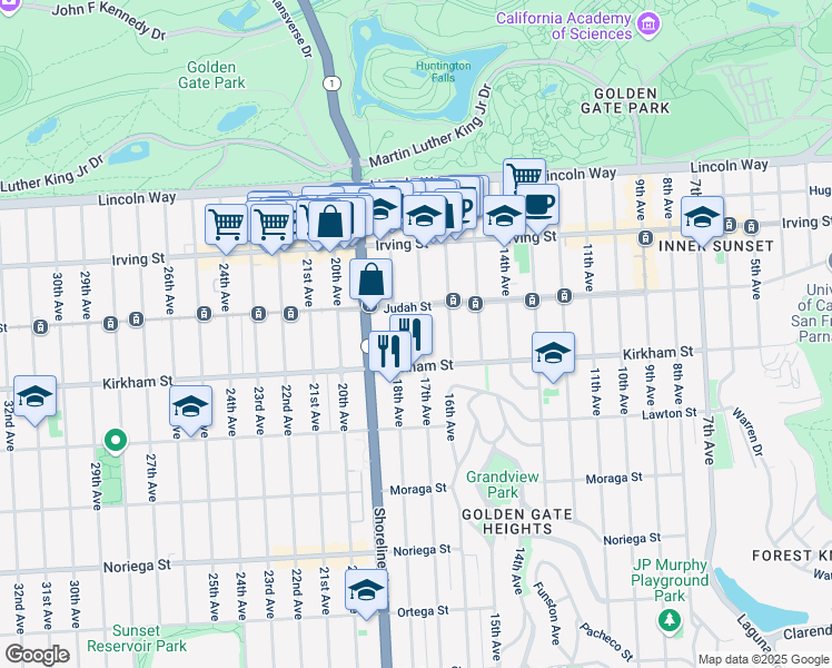 map of restaurants, bars, coffee shops, grocery stores, and more near 1445 17th Avenue in San Francisco