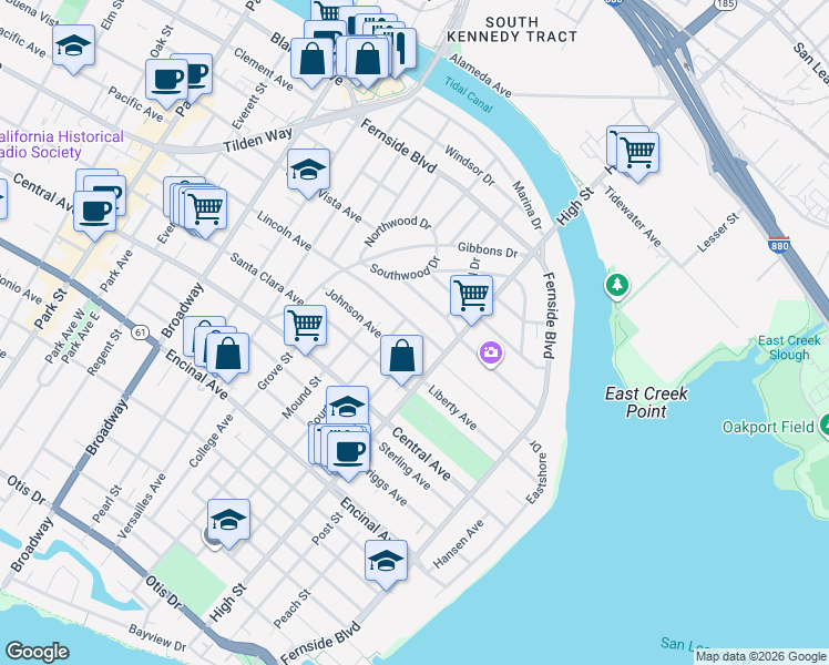 map of restaurants, bars, coffee shops, grocery stores, and more near 3021 Lincoln Avenue in Alameda
