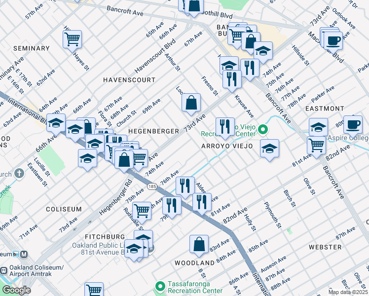 map of restaurants, bars, coffee shops, grocery stores, and more near 1818 74th Avenue in Oakland