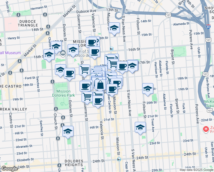map of restaurants, bars, coffee shops, grocery stores, and more near 150 San Carlos Street in San Francisco
