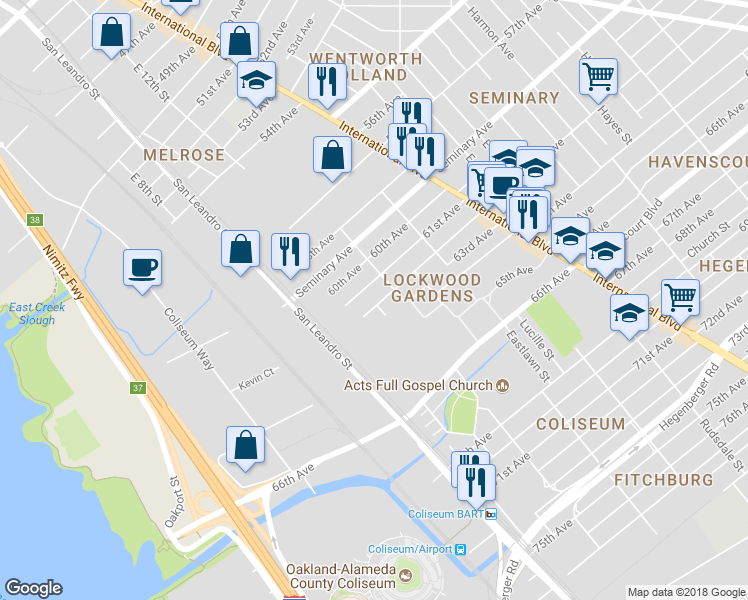 map of restaurants, bars, coffee shops, grocery stores, and more near 1139 62nd Avenue in Oakland