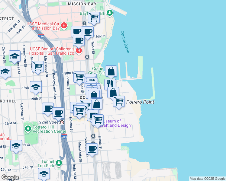map of restaurants, bars, coffee shops, grocery stores, and more near 105 20th Street in San Francisco