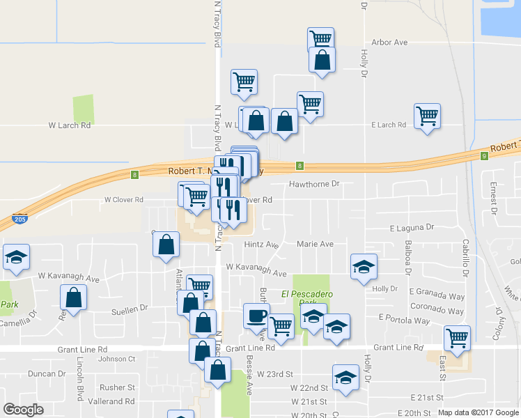 map of restaurants, bars, coffee shops, grocery stores, and more near 455 Gabriel Drive in Tracy