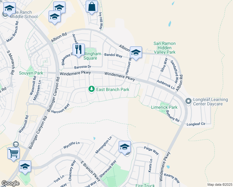 map of restaurants, bars, coffee shops, grocery stores, and more near 530 Tylerton Court in San Ramon