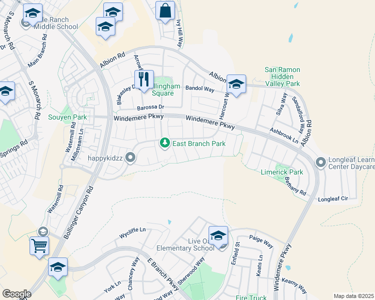 map of restaurants, bars, coffee shops, grocery stores, and more near 729 Roverton Court in San Ramon