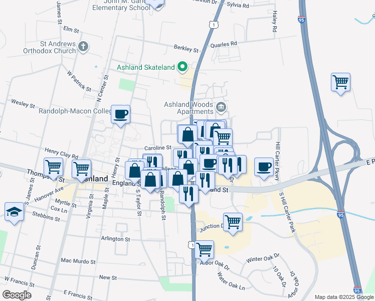 map of restaurants, bars, coffee shops, grocery stores, and more near 278 North Washington Highway in Ashland