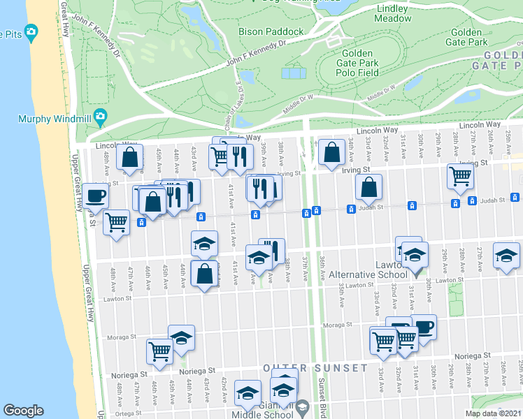 map of restaurants, bars, coffee shops, grocery stores, and more near 3414 Judah Street in San Francisco