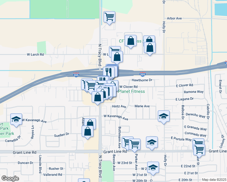 map of restaurants, bars, coffee shops, grocery stores, and more near 455 Gabriel Drive in Tracy