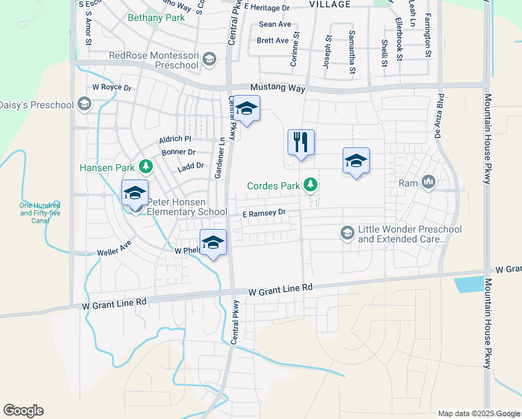map of restaurants, bars, coffee shops, grocery stores, and more near 93 East Ramsey Drive in Mountain House