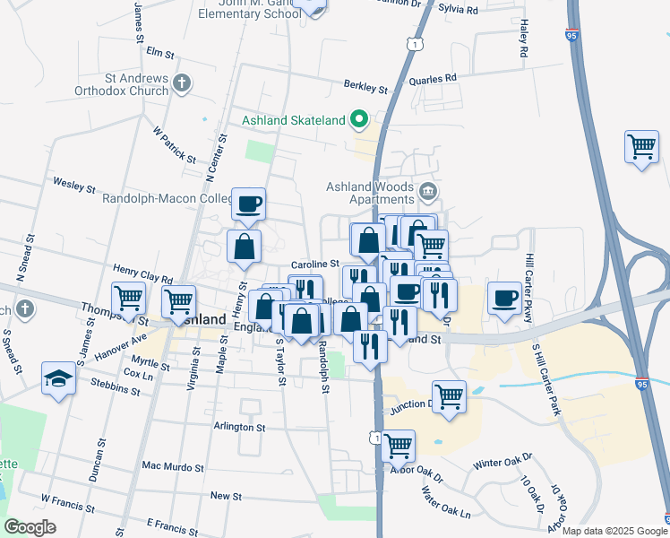map of restaurants, bars, coffee shops, grocery stores, and more near 407 Caroline Street in Ashland