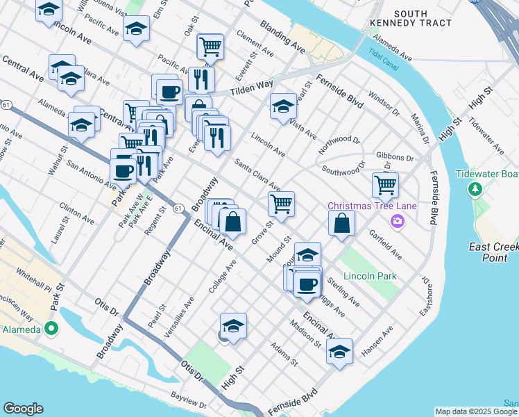 map of restaurants, bars, coffee shops, grocery stores, and more near 2808 Central Avenue in Alameda