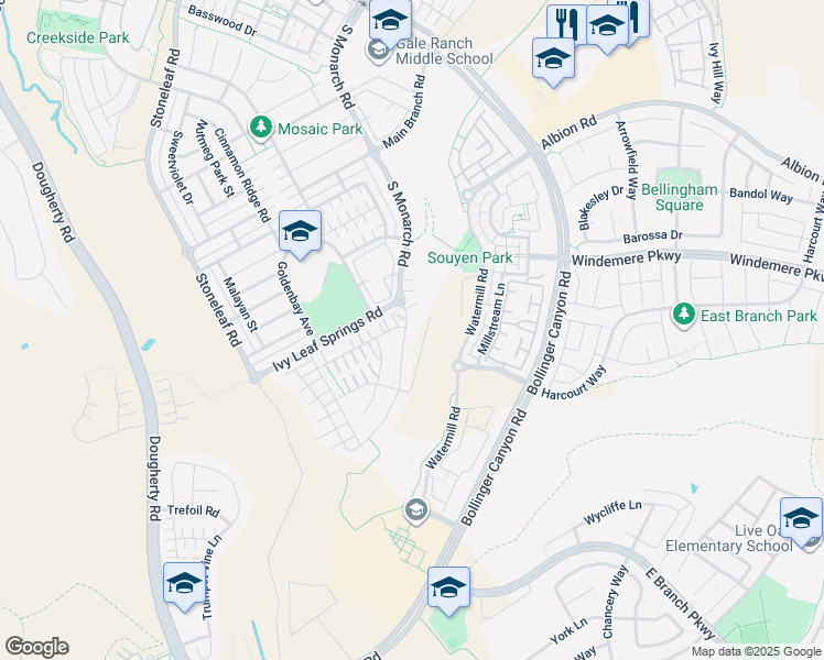 map of restaurants, bars, coffee shops, grocery stores, and more near 6132 Alpine Blue Drive in San Ramon