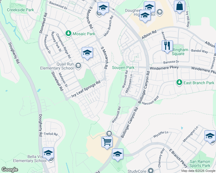 map of restaurants, bars, coffee shops, grocery stores, and more near 6144 Alpine Blue Drive in San Ramon