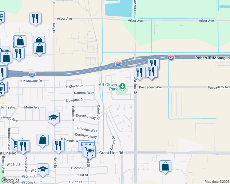 map of restaurants, bars, coffee shops, grocery stores, and more near 3333 James Wright Ln in Tracy
