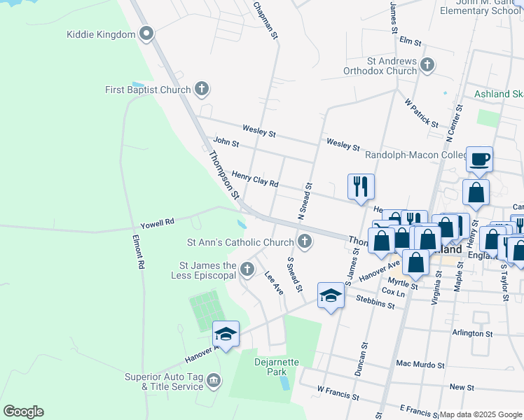 map of restaurants, bars, coffee shops, grocery stores, and more near 402 Thompson Street in Ashland