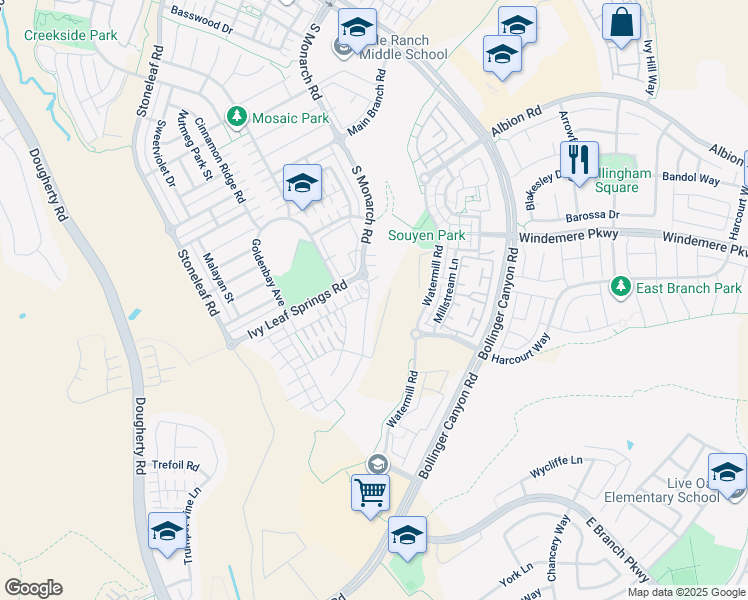 map of restaurants, bars, coffee shops, grocery stores, and more near 6132 Alpine Blue Drive in San Ramon