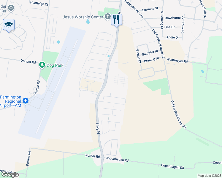 map of restaurants, bars, coffee shops, grocery stores, and more near Hilltop Place Drive in Farmington
