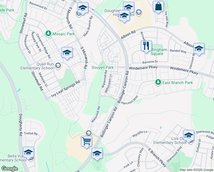 map of restaurants, bars, coffee shops, grocery stores, and more near 2352 Millstream Lane in San Ramon