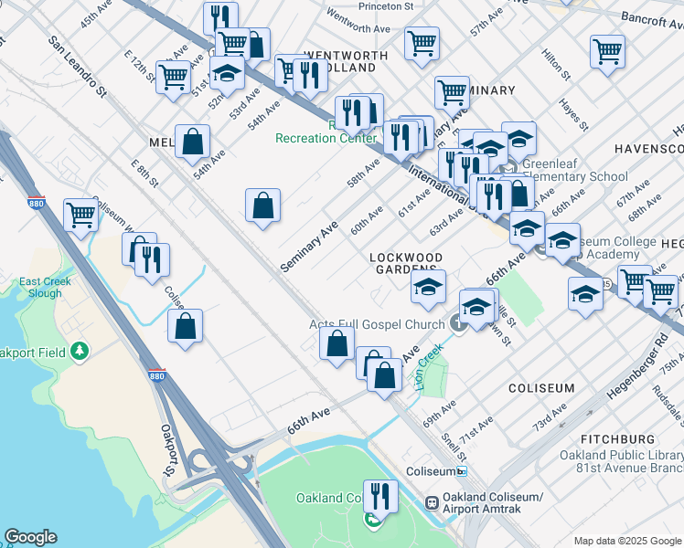 map of restaurants, bars, coffee shops, grocery stores, and more near 1139 62nd Avenue in Oakland