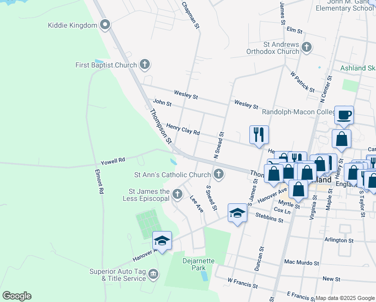 map of restaurants, bars, coffee shops, grocery stores, and more near 402 Thompson Street in Ashland