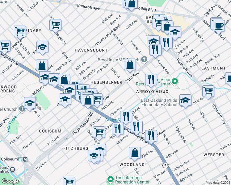 map of restaurants, bars, coffee shops, grocery stores, and more near 1722 73rd Avenue in Oakland