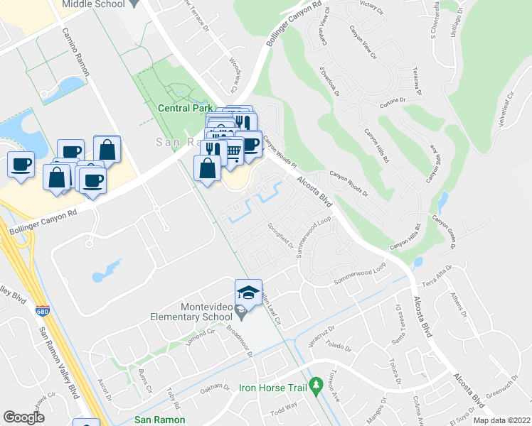 map of restaurants, bars, coffee shops, grocery stores, and more near 275 Reflections Drive in San Ramon