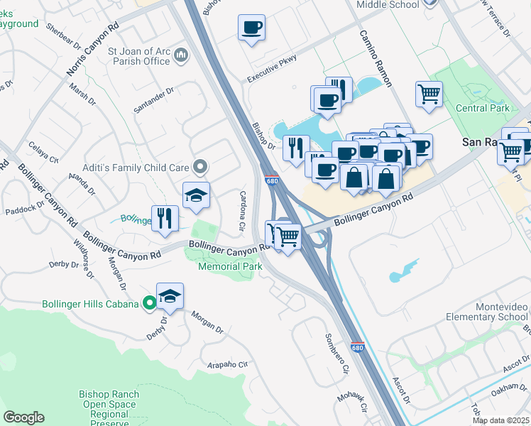 map of restaurants, bars, coffee shops, grocery stores, and more near 18000 San Ramon Valley Boulevard in San Ramon