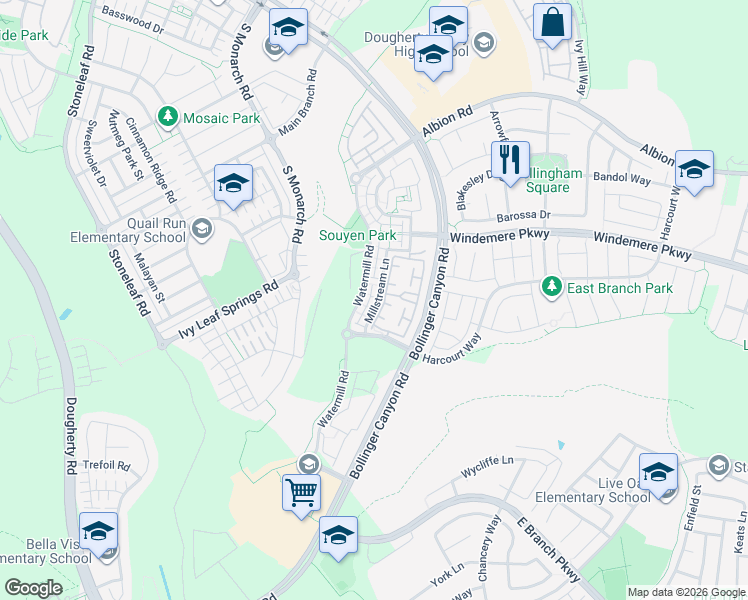map of restaurants, bars, coffee shops, grocery stores, and more near 2352 Millstream Lane in San Ramon